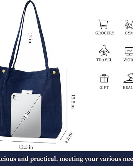 Corduroy Tote Bag Cute Tote Bags for Women Shoulder Bag with Inner Pocket for Work Beach Travel and Shopping Grocery