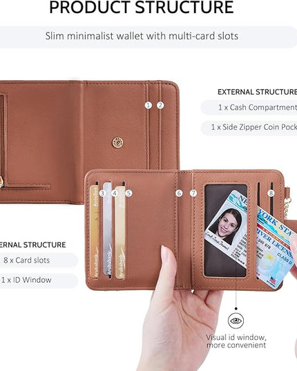POIUGOYA Slim Wallet for Women,RFID Blocking Bifold Credit Card Holder with Zipper Coin Pocket,ID Window,Keychain