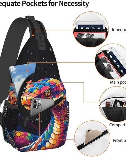 Animal Face Sling Bag Crossbody Bags Chest Bag Backpack for Travel Running and Hiking for Men Women Colorful Snake