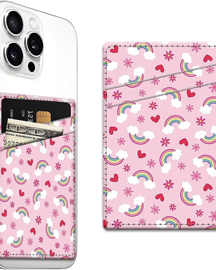 Phone Card Holder, Dual Pocket Leather Wallet Adhesive Stick On, Cute Credit Card Holder for Smartphones Case Compatible with Most Phone（rainbow）