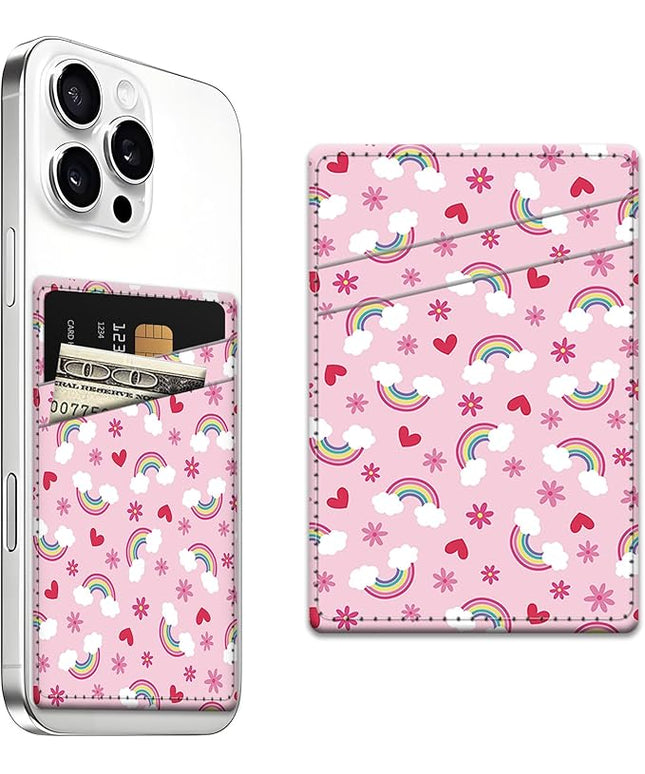 Phone Card Holder, Dual Pocket Leather Wallet Adhesive Stick On, Cute Credit Card Holder for Smartphones Case Compatible with Most Phone（rainbow）