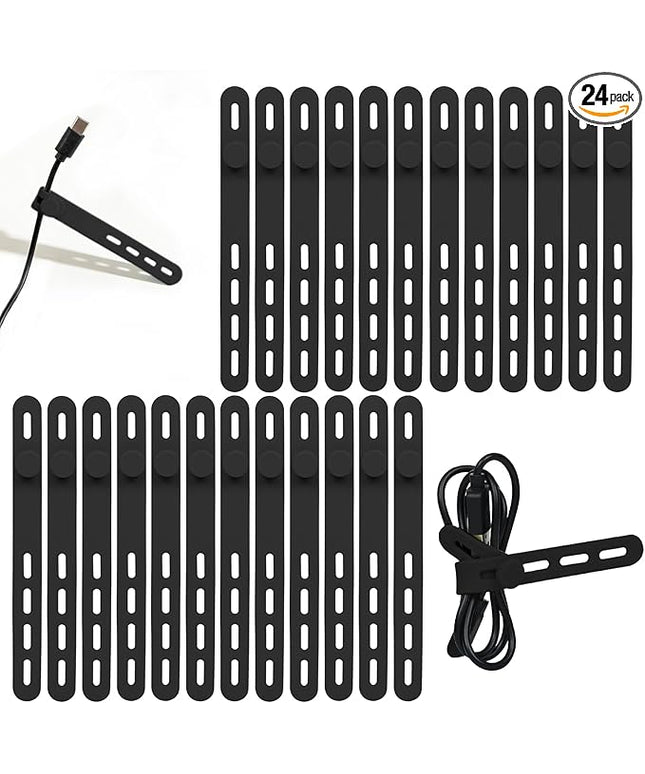 Donruby 24Pcs Silicone Cable Ties - Reusable & Washable with Locking Buckles, Adjustable Fastening Cable Management Straps, Multi-Purpose High Elasticity Cord Organizer (Black)