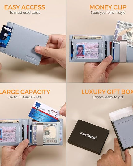 RUNBOX Slim Money Clip Wallets for Men RFID Blocking 11 Card Holder Minimalist Small Leather Bifold Men's Front Pocket Wallet Gift Box