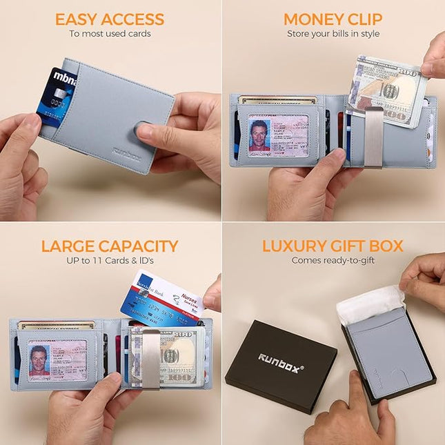 RUNBOX Slim Money Clip Wallets for Men RFID Blocking 11 Card Holder Minimalist Small Leather Bifold Men's Front Pocket Wallet Gift Box