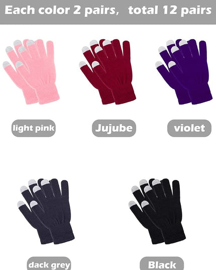 Pangda 12 Pairs Winter Touch Screen Gloves for Men Women Stretch Knitted Texting Gloves Warm Windproof Solid Color Mittens