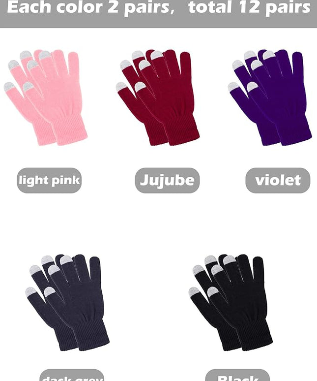 Pangda 12 Pairs Winter Touch Screen Gloves for Men Women Stretch Knitted Texting Gloves Warm Windproof Solid Color Mittens