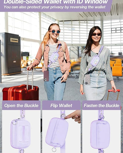 Clip and Go Strap for Phone with Wallet Crossbody Phone Lanyard Adjustable and Detachable RFID Wristlet Wallet with ID Window and Zipper, Purple