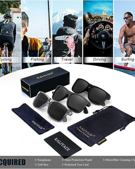 KALIYADI Sunglasses Men Polarized Sun glasses for Mens Womens Classic Matte Black Frame UV Protection 3pack