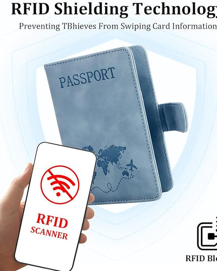JIABEIUS 3pcs Passport Holder with Luggage Tags, Pu Leather Travel Passport Cover, Waterproof Travel Wallet with RFID Blocker for Credit Cards, Cash, Boarding Passes Women Men