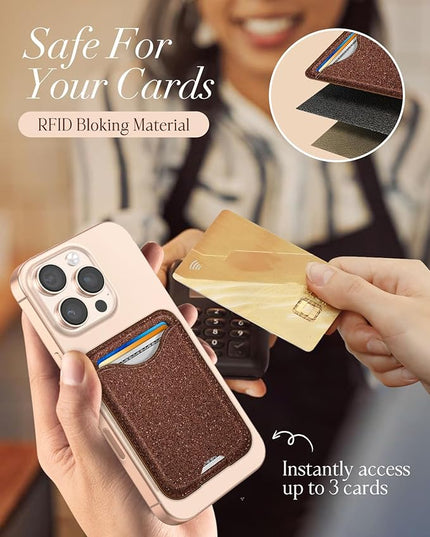 Shorogyt Compatible with Magsafe Wallet Magnetic Card Holder - Glitter Brown Phone Wallets for Women Teen Girls Fashion for iPhone 16/15/14/13/12 Series Slim for Apple Mag RFID Magnet, Fit 3 Cards