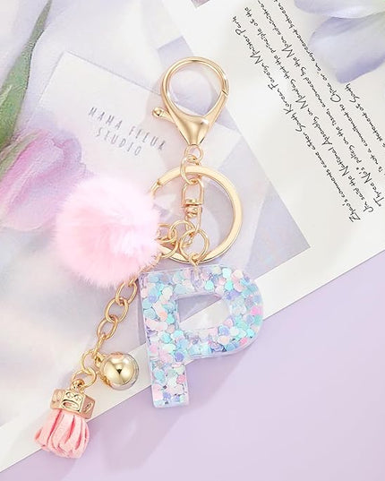 Resin Alphabet Initial Letter Keychain Keyring for Women Purse Handbags With Fur Ball Pom