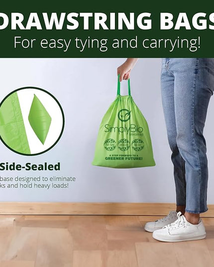 Simply Bio 3 Gallon Compostable Trash Bags Liners Drawstring, Heavy Duty Extra Thick 1 Mil, 11.36 Liter, 50 Bags, Small Kitchen Food Scrap Waste Bag, ASTM D6400, US BPI and OK Compost Home Certified