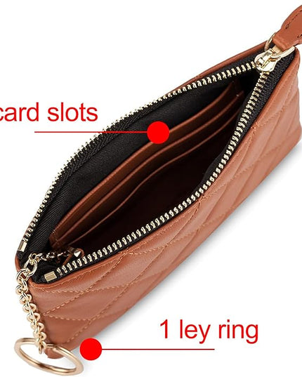 DORIS&JACKY Soft Lambskin Leather Coin Purse Small Quilted RFID Blocking Top Zipper Wallet With Key Chain