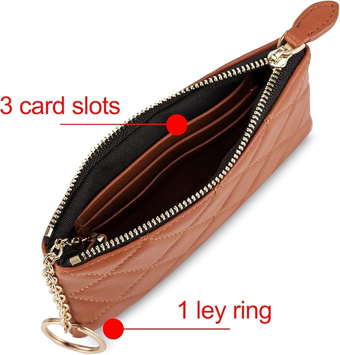 DORIS&JACKY Soft Lambskin Leather Coin Purse Small Quilted RFID Blocking Top Zipper Wallet With Key Chain