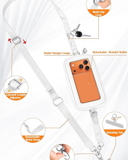 takyu Clip and Go Strap for Phone with Wallet Crossbody, 4-in-1 Adjustable Phone Lanyard with Detachable Wallet Wristlet Strap, Convertible Crossbody Bags with ID Window for Women Travel, White