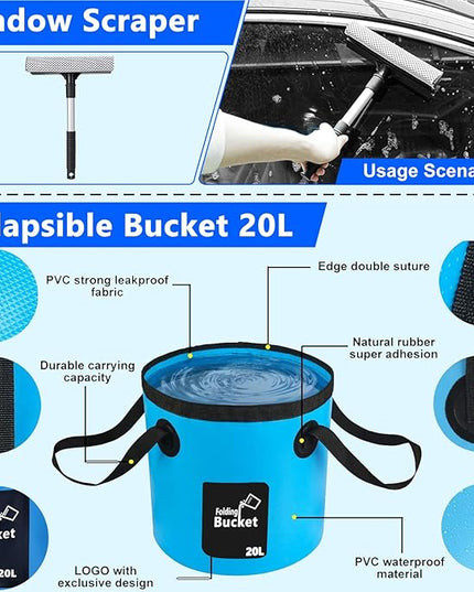 THINKWORK Car Wash Kit, Car Detailing Kit with Foam Gun, Car Wash Brush Mop and Large Folding Bucket Suitable for Car Cleaning, Blue Car Wash Set Gift for Men and Women