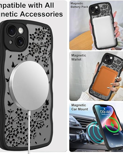 Wavy Case for iPhone 14 Case with Stand [Compatible with MagSafe] Cute Black Cat & Floral & Butterflies Pattern Design, Kawaii 360 Magnetic Ring Kickstand Phone Cover for Women Girls