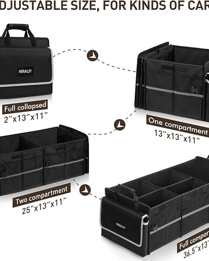 HIRALIY 4 in 1 Car Trunk Storage Organizer with Leakproof Cooler Bag, Multi-Compartment Foldable Trunk Storage Box for Car Truck SUV Black
