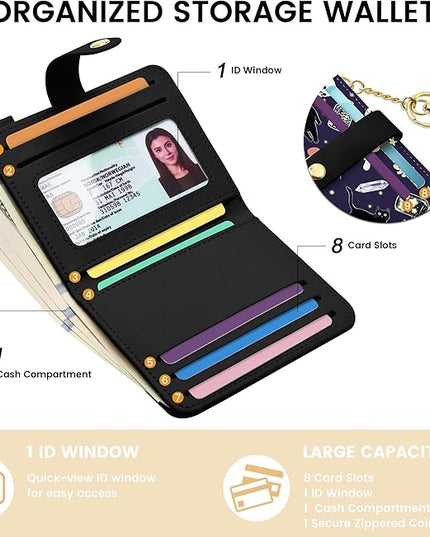 Sodsay Small Slim Wallet Women RFID Blocking, PU Leather Bifold Ladies Wallet with Zipper Coin Pocket, Thin Cute Travel Card Wallets for Girls, Black Cat Gothic