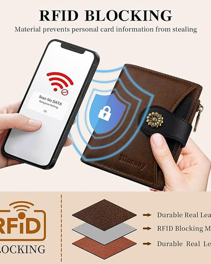Blucoay Womens Wallet,RFID Blocking Wallet Women Soft Leather Bifold Small Wallets For Women Card Holder With Removable ID Window(brownblack)