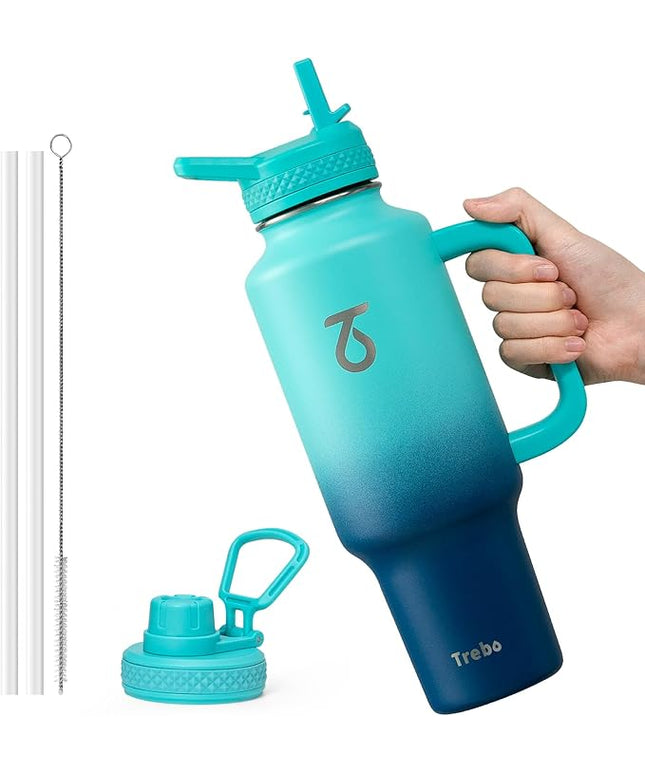 Trebo 40 oz Water Bottle Insulated Fit Car Cup Holder with Handle, Stainless Steel Retro Bottles Tumbler with Straw Lids, Vacuum Double Wall,Keep 24hrs Cold,Leakproof Reusable Travel Flask
