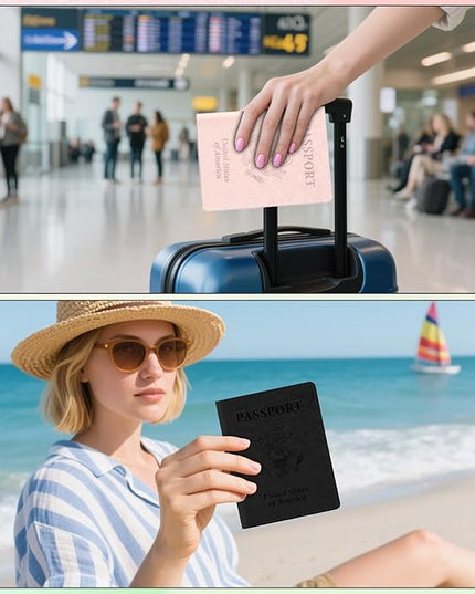 Black and Rose Gold Passport Holder, 2 PCS Passport Holder for Travel, Travel Passport Holders Must Haves for Women Men, Passport Cover Passport Wallet Case Holders for Travels Cruise Ship Essentials