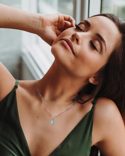 FANCIME 14K Solid White Gold Teardrop Pendant with Diamond Birthstone Necklace