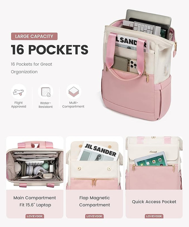 LOVEVOOK Laptop Backpack for Women, 15.6 Inch Work Laptop Bag with USB Port, Fashion Teacher Nurse Backpack Purse, Waterproof Travel Computer Backpack with Organizer Bag, 2PCS, Beige-Pink
