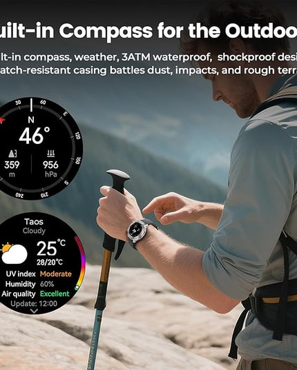 WalkerFit Smart Watch for Men, 1.43" Round AMOLED, 5ATM Waterproof for Swim, Heart Rate & Sleep Monitor, Long Battery, Outdoor Activity Tracker, Voice Control&Bluetooth Call (Silver, Black Nylon)