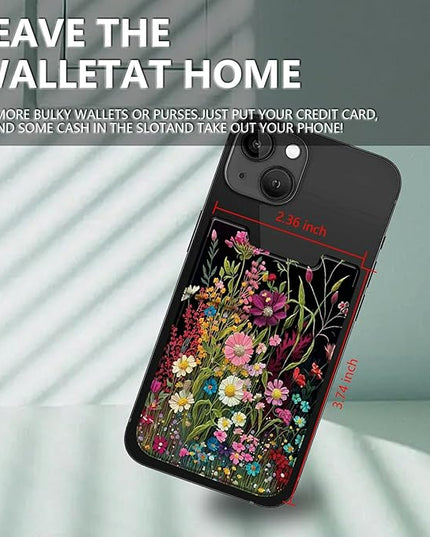 Rossy Cell Phone Wallet Adhesive Card Holder Stick on Wallet Pocket Lycra Credit Card ID Case With Wildflowers Stylish Pattern for Back of Phone for All Smartphones