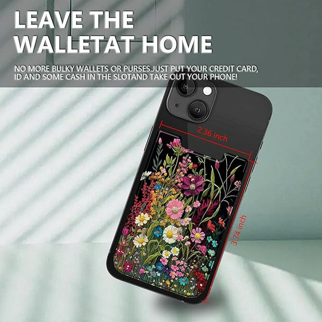 Rossy Cell Phone Wallet Adhesive Card Holder Stick on Wallet Pocket Lycra Credit Card ID Case With Wildflowers Stylish Pattern for Back of Phone for All Smartphones