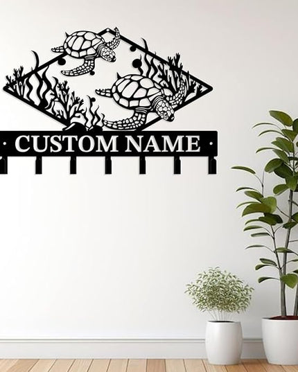 Casebrick Custom Sea Turtle Metal Wall Hooks,Key Holder-Personalized Iron Wall Decor for Keys, Coats & Home Organization (Black, Handmade,Decorative for Entryway, Beach,Bedroom,Office) (Style G)