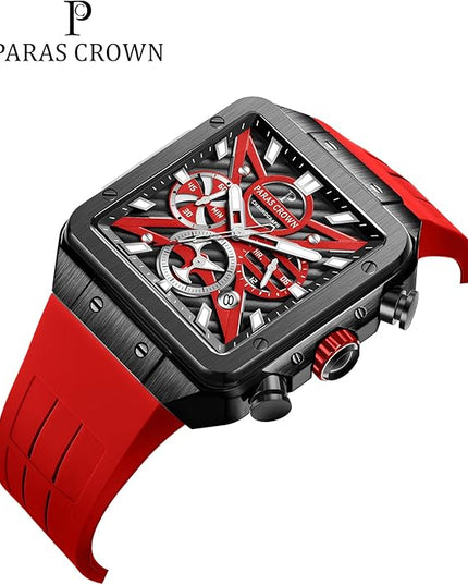 Paras Crown Watches for Men Tonneau 5ATM Waterproof Quartz Luxury Chronograph Analog Men's Wrist Watches Stainless Steel Case Mens Watches