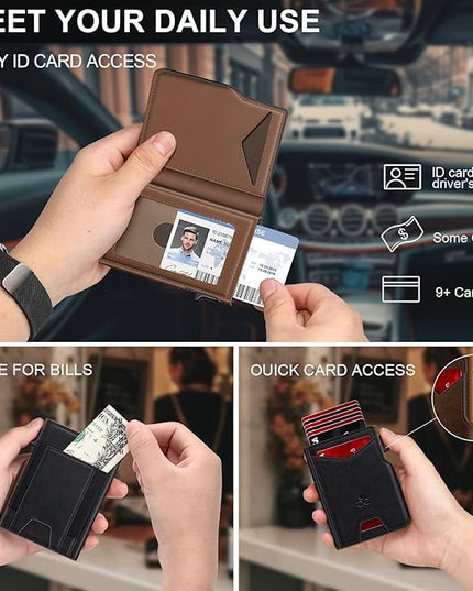 Wallet for Men Wallet with Slim Pop Up Card Holder 9-13 Cards, Bifold Minimalist Smart Wallet RFID Blocking Credit Card Holder with ID Window & Stretchable Cash Slot Compact Metal Aluminum Card Case