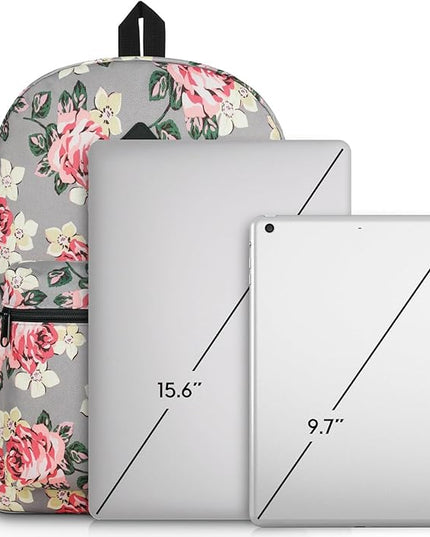 School Backpack Women and Teen Girl,Classic Bookbag Schoolbag with USB Port for High School College Office Work Travel 15.6 inch Gray Flower