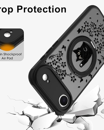 Cute Case for iPhone Air Case with Stand [ Compatible with MagSafe ] Kawaii Black Cat & Floral & Butterflies Pattern Design 360 Magnetic Ring Kickstand Phone Cover for Women Girls Boys