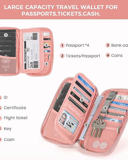 Travel Passport Wallets, Airtag Lightweight Family Passport Holder With RFID Blocking Passport Cover Case Waterproof Bag Document Organizer for Men and Women-pink