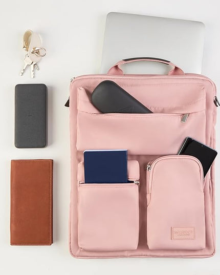 BAREFOOT CARIBOU Over Luggage Organizer for Carry On Bag or Suitcase with Storage Pockets, 16” Laptop Sleeve with Handle, Travel Accessories Bag Slide On Luggage Harness with Adjustable Straps (Pink)
