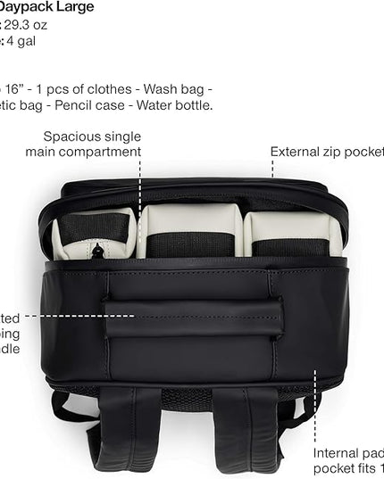 RAINS Book Daypack Large Lagoon Laptop Backpack for Men and Women, Waterproof Black Minimalist Commuter Bag with 15”-16"