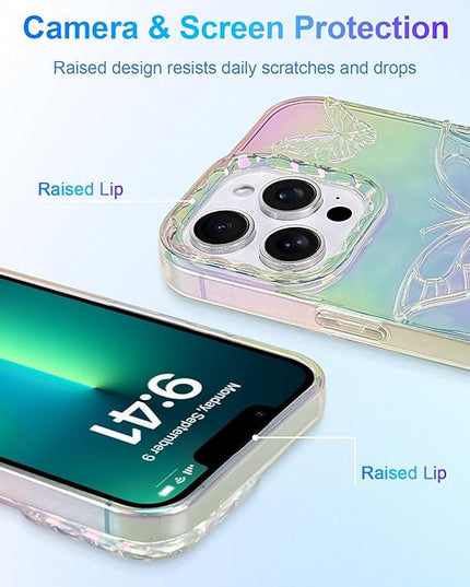 Cute Case for iPhone 13 Pro Case for Women Girls, with 3D Butterflies Pattern Design, Aesthetic Clear Iridescent Glitter Kawaii Girly Rainbow Protective Phone Cover