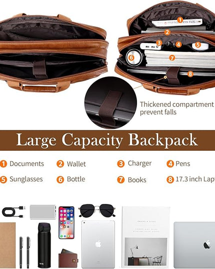 Faux Leather Messenger Bag for Men | 17-17.3 Inch Leather Mens Laptop Bag Leather Briefcasen Convertible Backpack 3 in 1 Computer Handbags Work Bag Shoulder Crossbody Bag Office | Vintage Brown