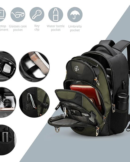 Swissdigital Design Laptop Backpack, Travel Backpack with USB Charging Port Fits 15.6 inches Computer, 31L College School Bookbag for Men,Olive/Black | SD803-26
