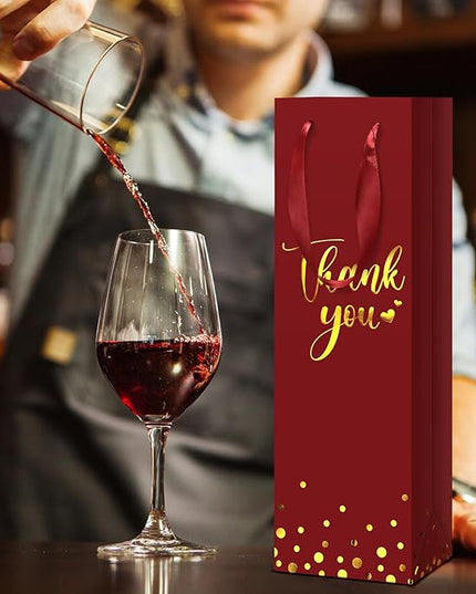 Ctosree 30 Pcs Wine Bottle Gift Bag with Handle 4.3x3.5x13.7 Liquor Paper Bag for Thank You Favor Gold Foil Kraft Whiskey Tote Carrier for Wedding Birthday Bridal Valentine's day Party(Burgundy)
