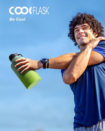 Half Gallon Water Bottle Insulated with Straw & 3 Lids, Coolflask 64 oz Water Jug Large Metal Stainless Steel Wide Mouth for Sports, Gym or Office, Non-BPA Keep Cold 48H Hot 24H, Ombre Green
