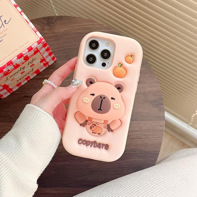 Case Compatible with iPhone 15 Pro,Cute 3D Kawaii Funny Copybara Cartoon Cover with Keychain Soft Silicone Gel Drop Protector Women Girls