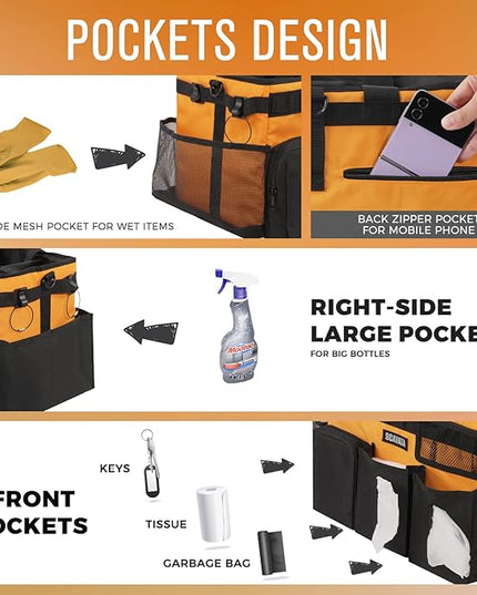 Wearable Cleaning Caddy Bag, Cleaning Caddy Supplies Organizer with Handle & Shoulder Straps for Housekeepers, Under Sink & Car Cleaning Tool Organizers with 4 Foldable Divider (Orange)