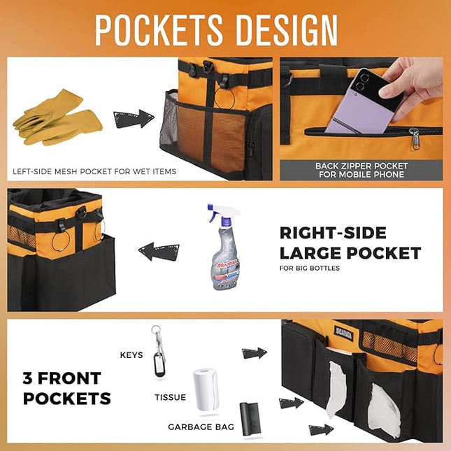 Wearable Cleaning Caddy Bag, Cleaning Caddy Supplies Organizer with Handle & Shoulder Straps for Housekeepers, Under Sink & Car Cleaning Tool Organizers with 4 Foldable Divider (Orange)