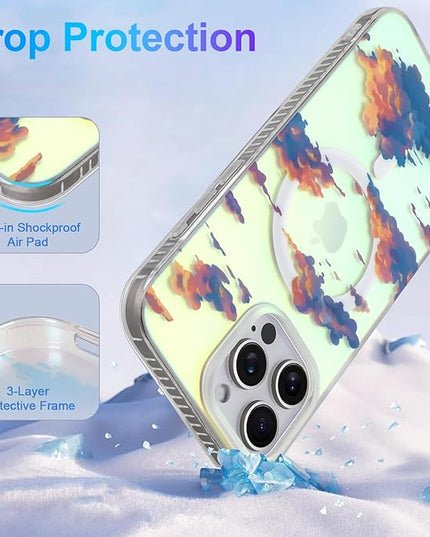 Cute Case for iPhone 16 Pro Case for Women Girls [ Compatible with Magsafe ] Aesthetic Cloud Pattern Design, Girly Glitter Sparkly Bling Protective Phone Cover, Iridescent Sun Set Sky