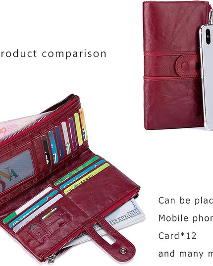 myfriday Women's RFID Blocking Genuine Leather Wallet, Bifold Long Clutch Wallet Money Clips Ladies Card Holder Purse