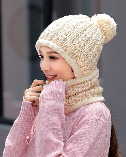 HUAMULAN Women Winter Beanie Hats One Piece Fleece Lined Knit Balaclavas Mask Set Skull Neck Circle Scarf Ski Snow Hat Pompom
